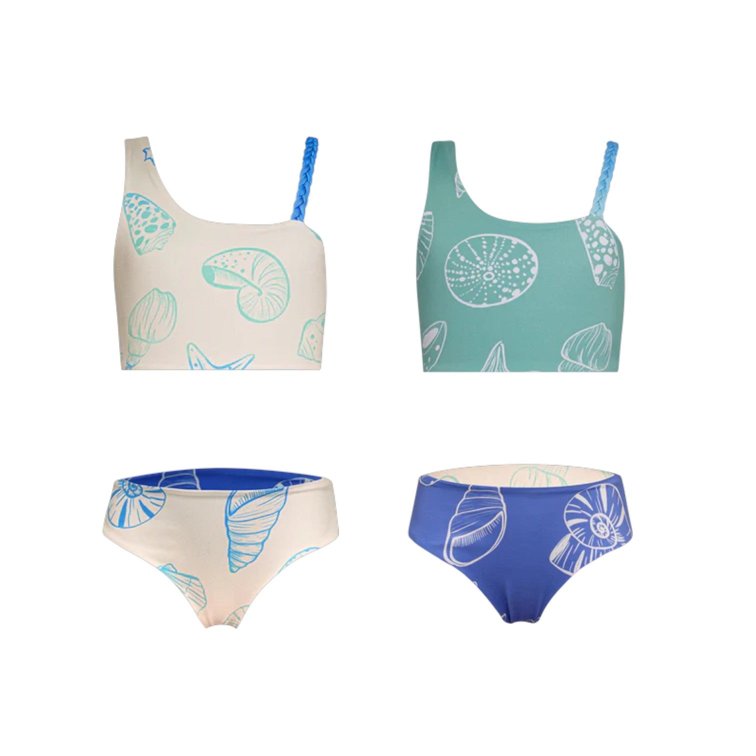 The Pepita & Me Girls' Marea Reversible Bikini features shell and sea life patterns, with matching tops and bottoms in beige, teal, and blue.