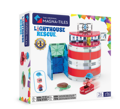 The box of the Magnatiles Lighthouse 26-Piece Set highlights a magnetic building set that includes a lighthouse, turtle, two figures, and 26 pieces—making it an ideal adventure toy for kids ages 3 and up. The packaging emphasizes an exciting lighthouse rescue theme designed to spark imaginative play.