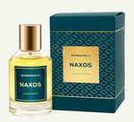 A bottle of Barberino's Naxos Perfume Cologne, featuring a gold cap, is displayed next to its matching blue and gold box.