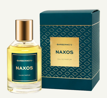 A bottle of Barberino's Naxos Perfume Cologne, featuring a gold cap, is displayed next to its matching blue and gold box.