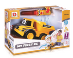Maisto My First RC Volvo Dump Truck—an adorable remote control truck for kids ages 24 months and up, styled as a cheerful Volvo dump truck with cartoon eyes. The boxed packaging features a child playing with the R/C vehicle and includes an easy-to-use red remote control.