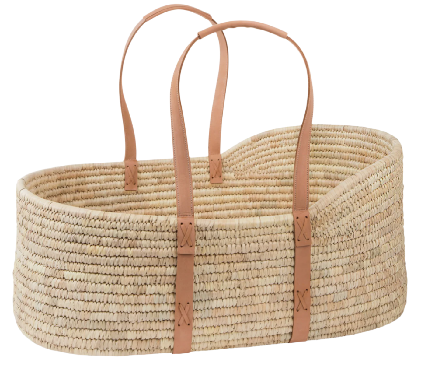 The Woven Palm Leaf Moses Basket by Ten Thousand Villages, featuring light brown accents and two leather handles, exemplifies fair trade craftsmanship.