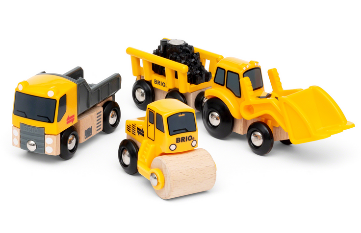 Three BRIO World  yellow and black construction vehicles on a white background.