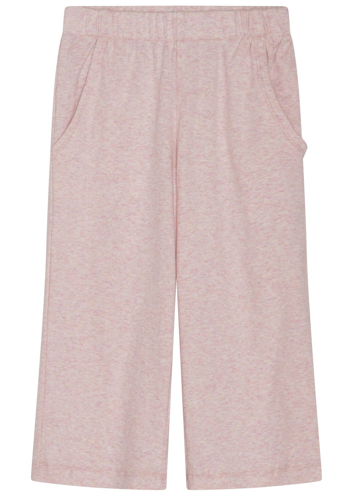 The Serendipity Girls’ Rib Loose Pants are light pink, wide-leg children’s pants with an elastic waist and side pockets, crafted from GOTS certified organic cotton rib. They are displayed flat against a white background.