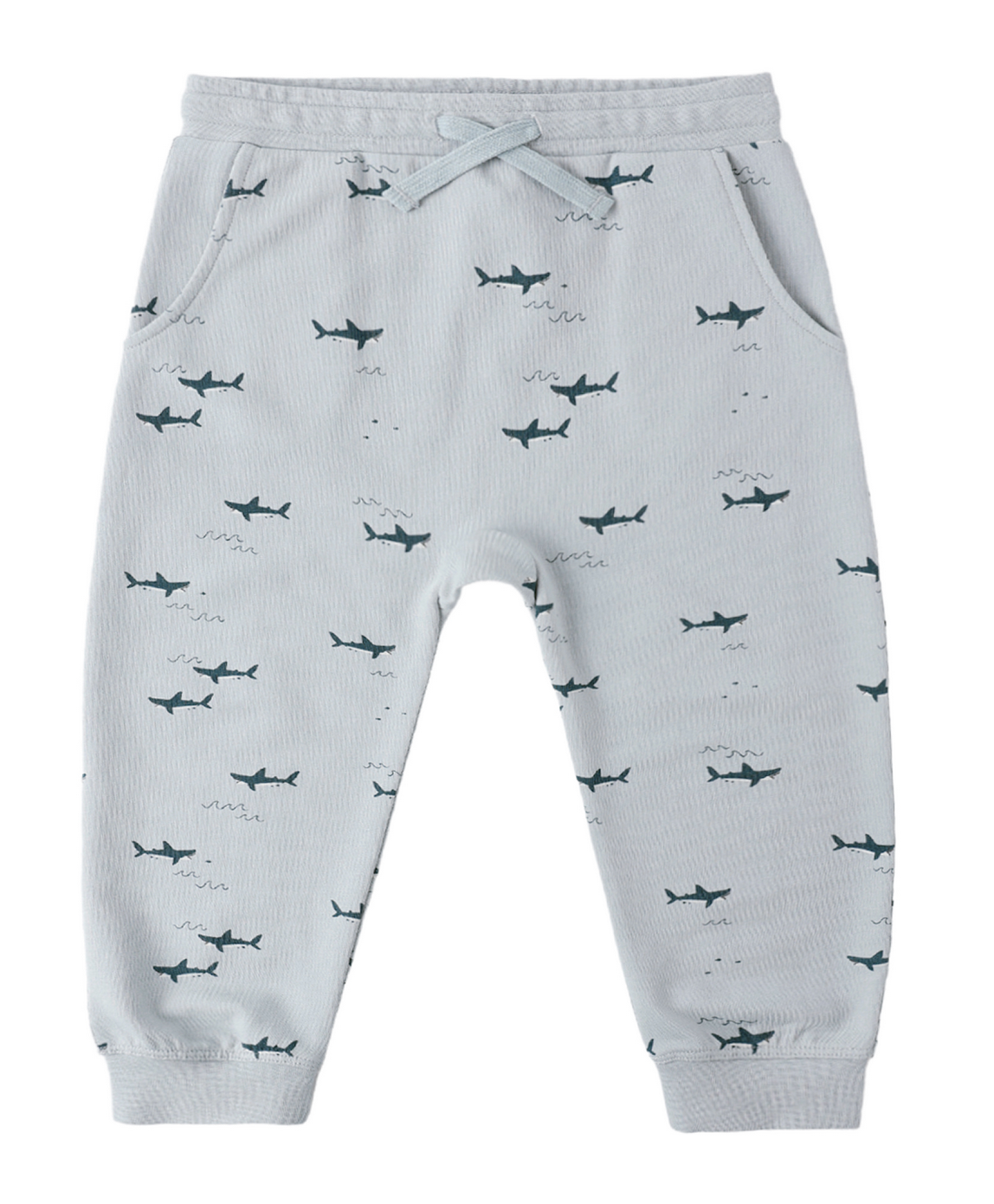 Rylee & Cru Baby Boys' and Boys' Sweatpant features light gray French terry, a drawstring waist, side pockets, and an all-over dark blue sharks print.