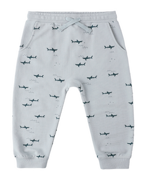 Rylee & Cru Baby Boys' and Boys' Sweatpant features light gray French terry, a drawstring waist, side pockets, and an all-over dark blue sharks print.
