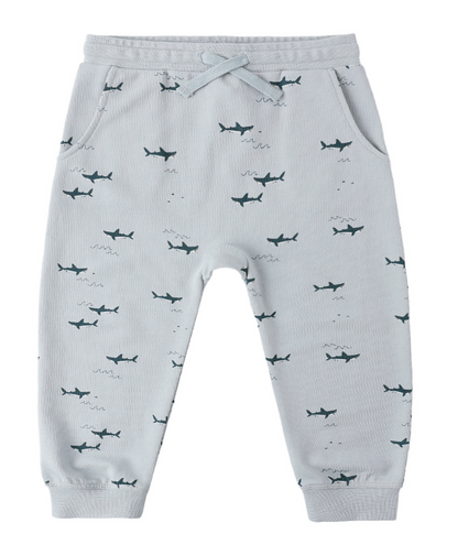 Rylee & Cru Baby Boys' and Boys' Sweatpant features light gray French terry, a drawstring waist, side pockets, and an all-over dark blue sharks print.