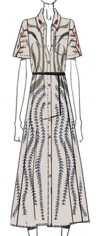 The Kiera Dress by Altuzarra is a long button-down pure silk dress with short sleeves, a collar, and a leather waist belt. It features an elegant A-line silhouette adorned with abstract green and blue vine-like patterns on a beige background.