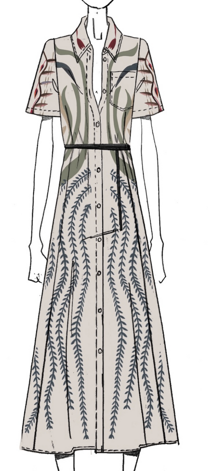 The Kiera Dress by Altuzarra is a long button-down pure silk dress with short sleeves, a collar, and a leather waist belt. It features an elegant A-line silhouette adorned with abstract green and blue vine-like patterns on a beige background.