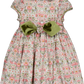 Kidiwi Girls' Rison Smocked Dress features a floral pattern, short puff sleeves, an olive velvet collar, and a large green bow at the back.