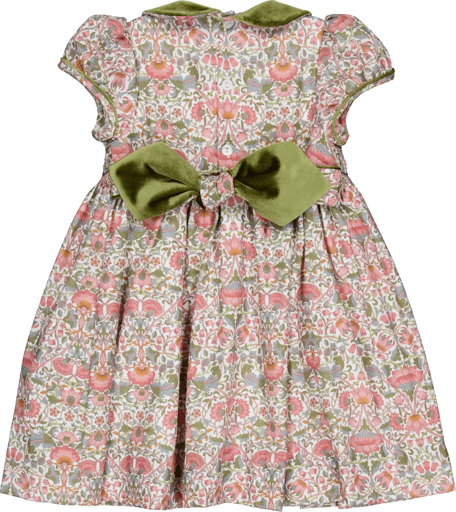 Kidiwi Girls' Rison Smocked Dress features a floral pattern, short puff sleeves, an olive velvet collar, and a large green bow at the back.