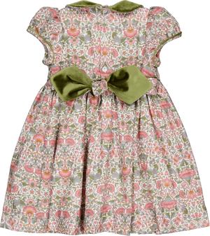 Kidiwi Girls' Rison Smocked Dress features a floral pattern, short puff sleeves, an olive velvet collar, and a large green bow at the back.