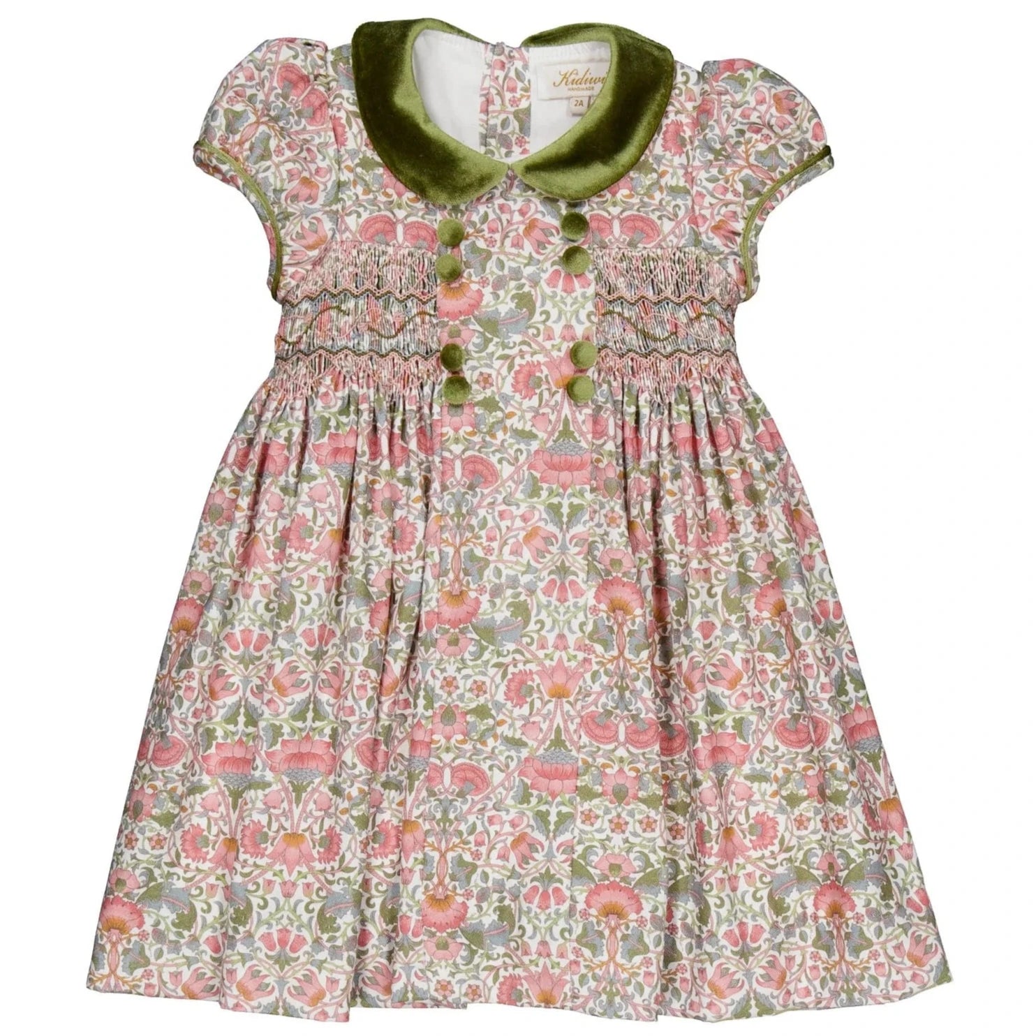 Kidiwi Girls' Rison Smocked Dress features an olive velvet collar, decorative buttons, smocked bodice, and short sleeves with pink and green botanical patterns.
