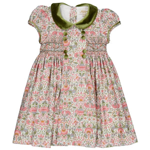 Kidiwi Girls' Rison Smocked Dress features an olive velvet collar, decorative buttons, smocked bodice, and short sleeves with pink and green botanical patterns.