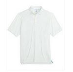 Discover the Huronn Featherweight Polo by Johnnie-O—a white short-sleeve performance polo with a collar, three-button placket, and UPF 50 sun protection for optimal comfort in the sun.