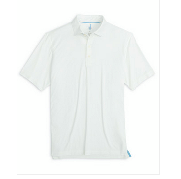 Discover the Huronn Featherweight Polo by Johnnie-O—a white short-sleeve performance polo with a collar, three-button placket, and UPF 50 sun protection for optimal comfort in the sun.