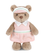 Birdie Golf Bear by Mon Ami is a plush teddy bear dressed in a pink dress with a white collar and a coordinating pink visor featuring green and white stripes, standing upright—an adorable addition to any golf plush collection.