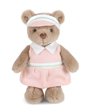 Birdie Golf Bear by Mon Ami is a plush teddy bear dressed in a pink dress with a white collar and a coordinating pink visor featuring green and white stripes, standing upright—an adorable addition to any golf plush collection.