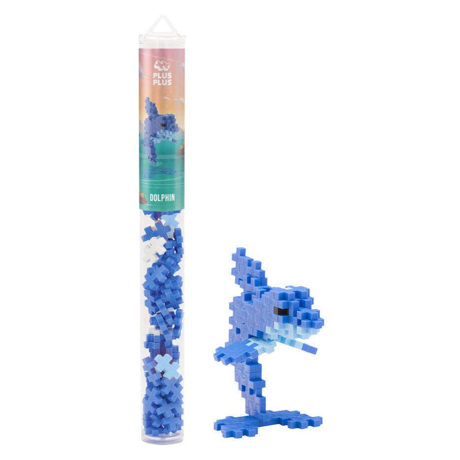 The Plus Plus Tube - Dolphin features a completed blue dolphin model, showcasing this creative building set that's perfect for sea-themed imaginative play.