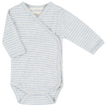 Introducing the Serendipity Newborn Rib Stripe Body Wrap: a long-sleeved, blue and white striped organic cotton baby bodysuit featuring convenient snap buttons along the front and bottom. This GOTS certified body wrap combines comfort and style, making it an essential piece for your newborn’s wardrobe.