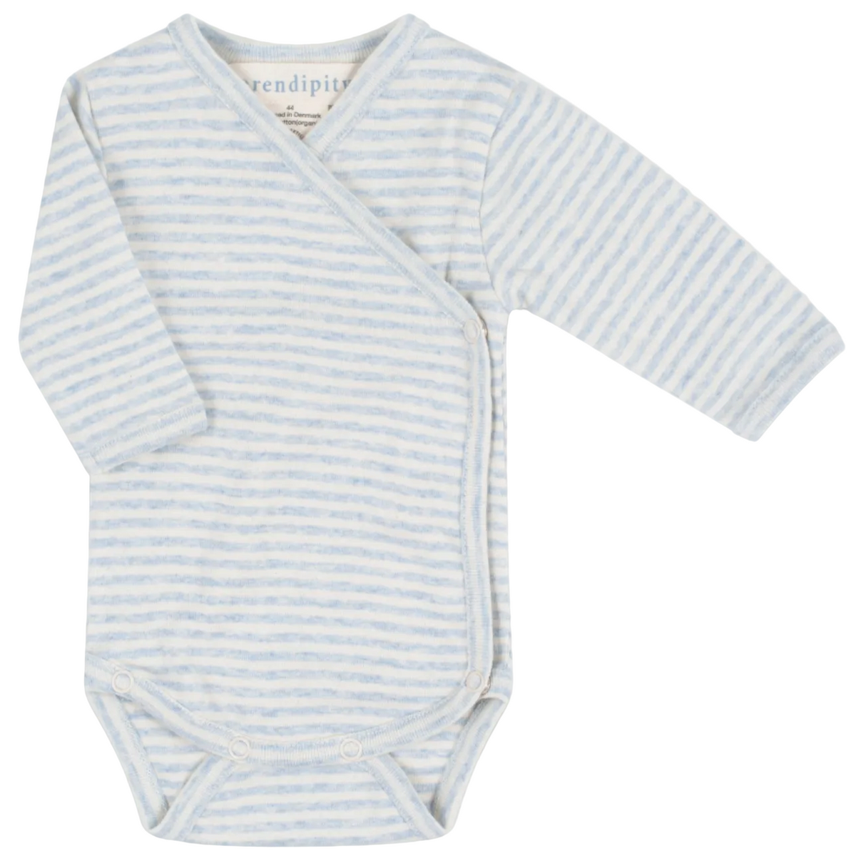 Introducing the Serendipity Newborn Rib Stripe Body Wrap: a long-sleeved, blue and white striped organic cotton baby bodysuit featuring convenient snap buttons along the front and bottom. This GOTS certified body wrap combines comfort and style, making it an essential piece for your newborn’s wardrobe.