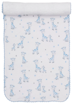 Crafted from white Pima cotton, the Kissy Kissy Just Giraffes Printed Burp features a playful pattern of blue and gray cartoon giraffes with matching stars, scalloped blue edges, and a rolled top—perfect for your little one or as a coordinating piece with other giraffe-themed essentials.