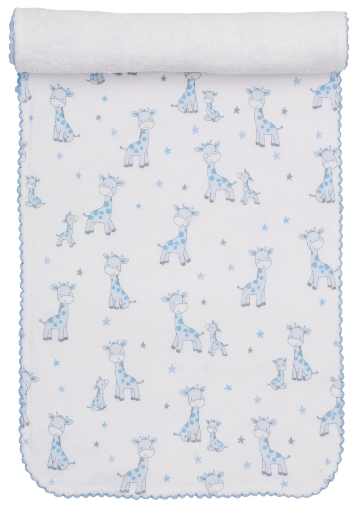 Crafted from white Pima cotton, the Kissy Kissy Just Giraffes Printed Burp features a playful pattern of blue and gray cartoon giraffes with matching stars, scalloped blue edges, and a rolled top—perfect for your little one or as a coordinating piece with other giraffe-themed essentials.