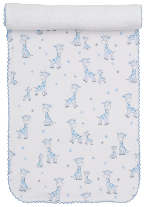 Crafted from white Pima cotton, the Kissy Kissy Just Giraffes Printed Burp features a playful pattern of blue and gray cartoon giraffes with matching stars, scalloped blue edges, and a rolled top—perfect for your little one or as a coordinating piece with other giraffe-themed essentials.