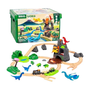 The Brio Dinosaur Deluxe Set features wooden train tracks, dinosaur toys, figurines, and accessories displayed in front of its green storage box—an ideal Jurassic playset for imaginative adventures.