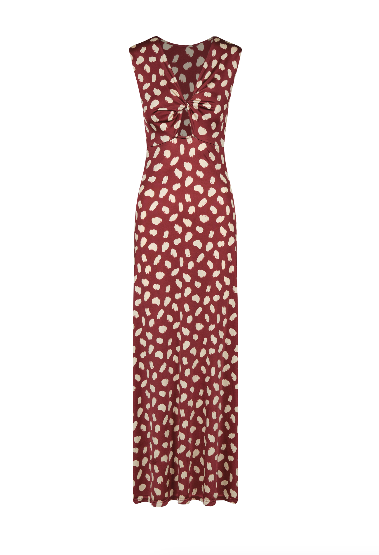 The Horizonte Mistico Ankle Dress by Johanna Ortiz is a sleeveless, long maroon animal print dress featuring a beige abstract spotted pattern in shiny jersey with a gathered knot detail at the bust.