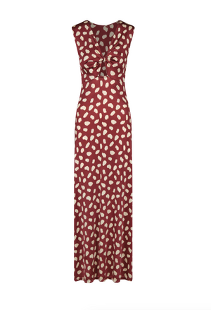 The Horizonte Mistico Ankle Dress by Johanna Ortiz is a sleeveless, long maroon animal print dress featuring a beige abstract spotted pattern in shiny jersey with a gathered knot detail at the bust.
