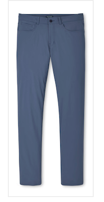 A pair of Peter Millar Bingham Performance Five-Pocket Pants in blue, crafted from wrinkle-resistant Italian knit fabric with front and back pockets, button closure, and belt loops, laid flat against a white background.