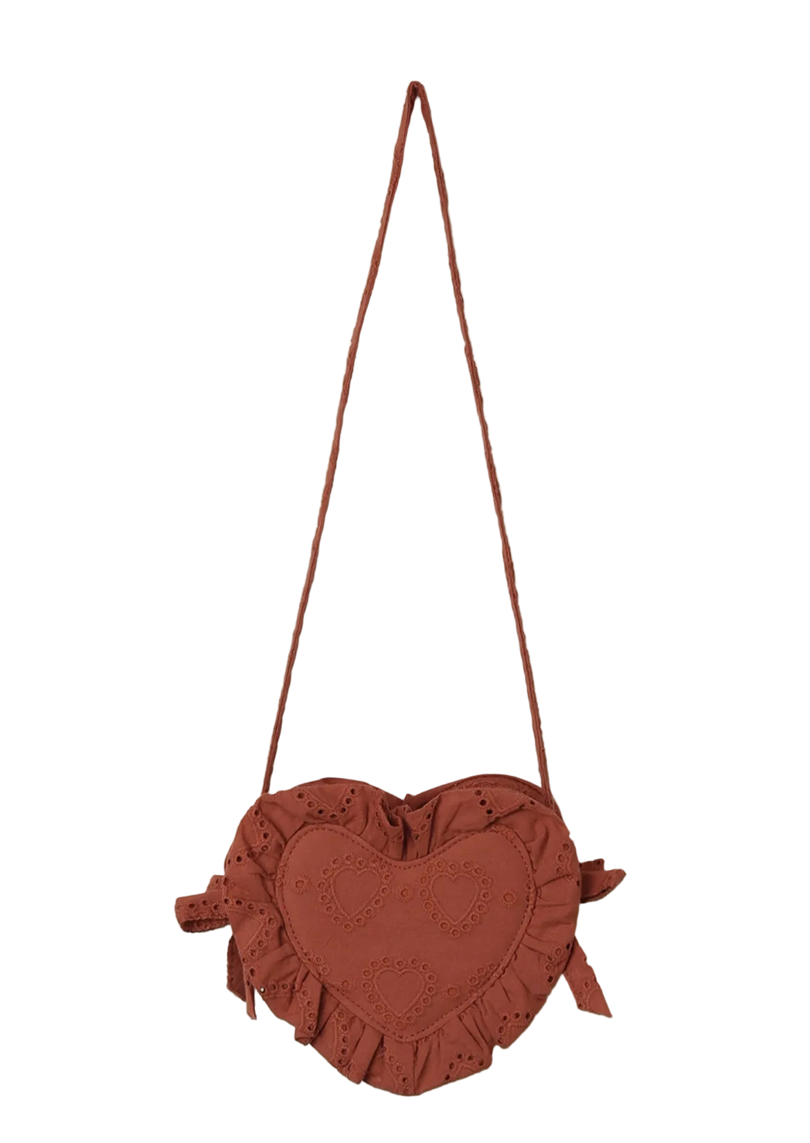 The Noralee Girls' Heart Purse is a heart-shaped brown handbag made from heart eyelet fabric with ruffled edges and embroidered details. This charming accessory features a long thin strap and is shown against a white background.
