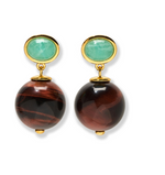 The Umbria Earrings by Lizzie Fortunato feature oval green amazonite studs and round brown tiger’s eye beads, both set in gold-plated metal.