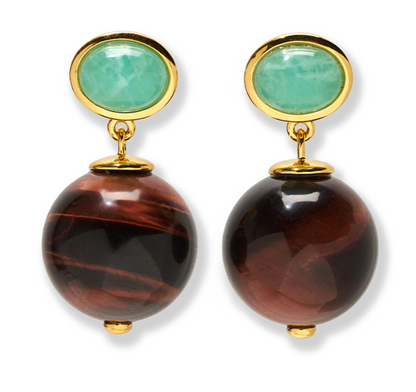 The Umbria Earrings by Lizzie Fortunato feature oval green amazonite studs and round brown tiger’s eye beads, both set in gold-plated metal.