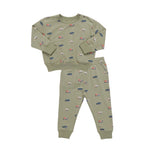 The Coop Kids PC Baby Boys’ Jax Jogger Set includes a cozy olive green French Terry sweatshirt with small, colorful trucks printed on the long-sleeve top and comfortable matching jogger bottoms.