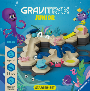 The GraviTrax Junior: Ocean Starter Set by GraviTrax is a STEM marble run featuring 58 pieces, sea creatures, and a cartoon octopus on a blue box. Designed for ages 3-7.