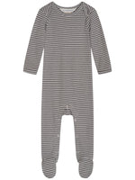 The Serendipity Baby Rib Striped Bodysuit is a long-sleeve, footed onesie crafted from organic cotton, featuring black and white horizontal stripes and convenient snap buttons along the legs to provide both comfort and style for your little one.