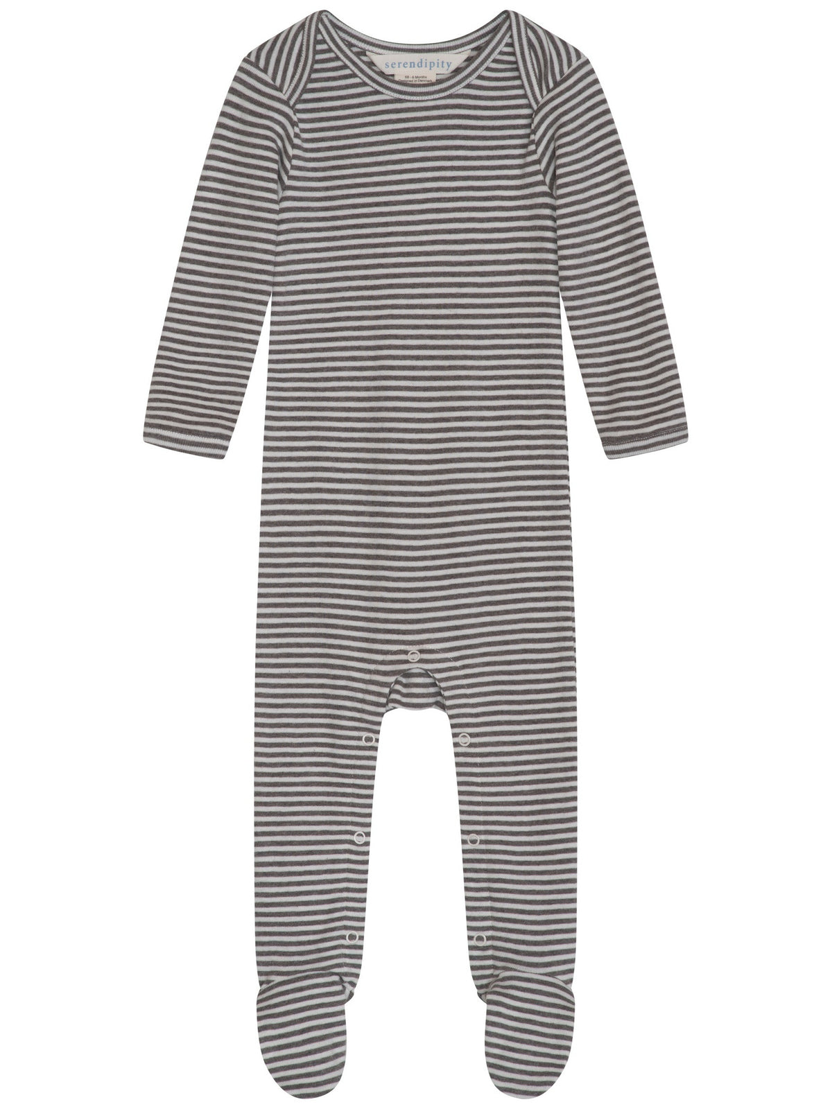 The Serendipity Baby Rib Striped Bodysuit is a long-sleeve, footed onesie crafted from organic cotton, featuring black and white horizontal stripes and convenient snap buttons along the legs to provide both comfort and style for your little one.