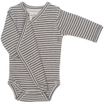 Introducing the Serendipity Newborn Rib Stripe Body Wrap—a gentle gray and white striped long-sleeve bodysuit crafted from soft organic cotton. Featuring convenient side snap buttons and a neckline label, this cozy wrap is part of our GOTS certified baby clothes collection, ensuring comfort and sustainability for your little one.