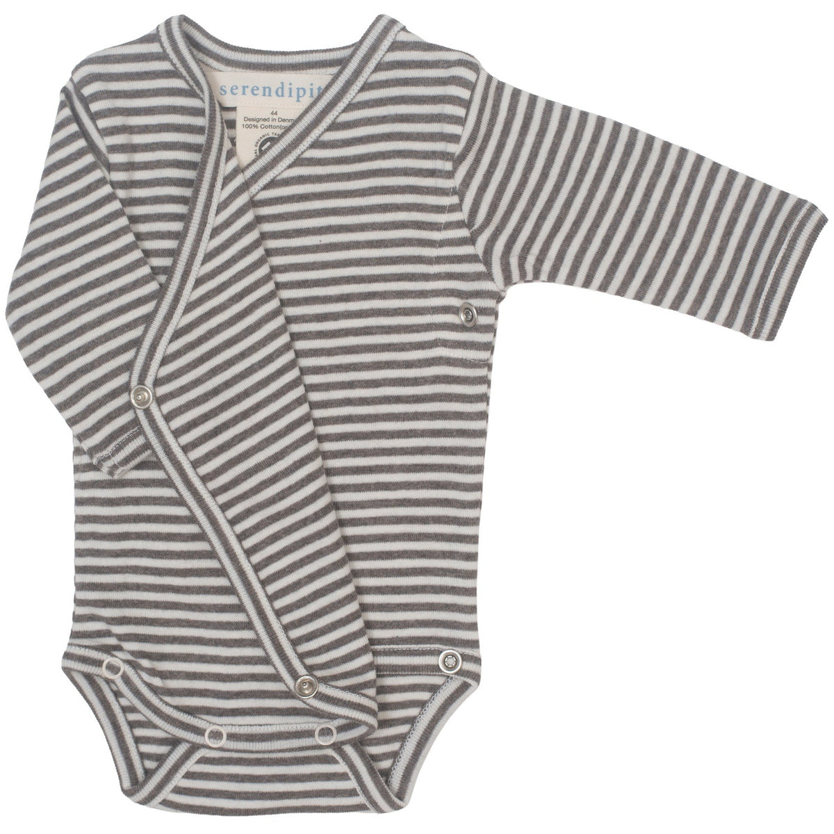 Introducing the Serendipity Newborn Rib Stripe Body Wrap—a gentle gray and white striped long-sleeve bodysuit crafted from soft organic cotton. Featuring convenient side snap buttons and a neckline label, this cozy wrap is part of our GOTS certified baby clothes collection, ensuring comfort and sustainability for your little one.