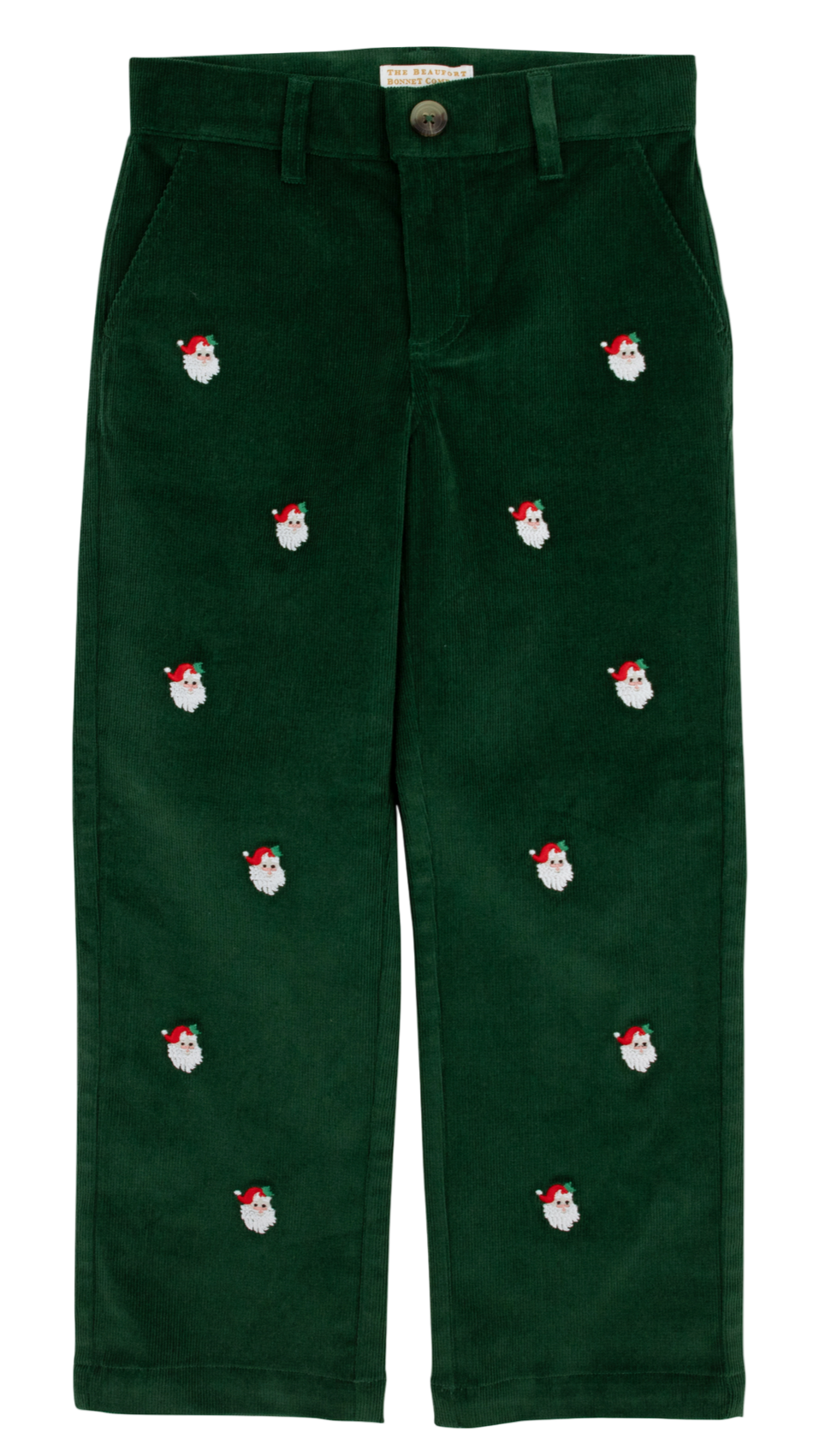 The Beaufort Bonnet Company's Boys' Critter Prep School Corduroy Pant features festive green corduroy with straight legs and embroidered Santa Claus faces—perfect for celebrating the holidays in style.