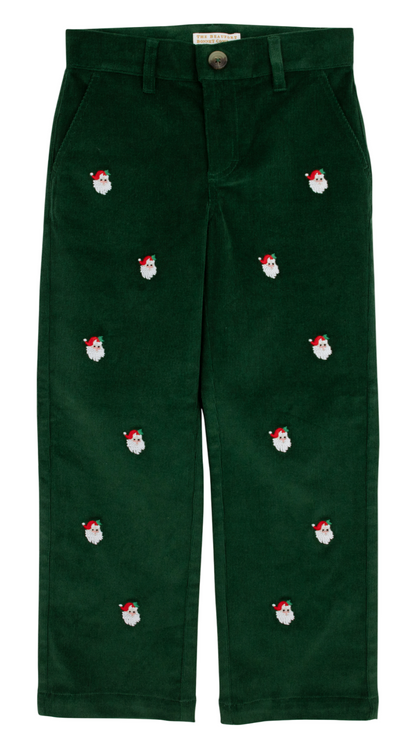 The Beaufort Bonnet Company's Boys' Critter Prep School Corduroy Pant features festive green corduroy with straight legs and embroidered Santa Claus faces—perfect for celebrating the holidays in style.