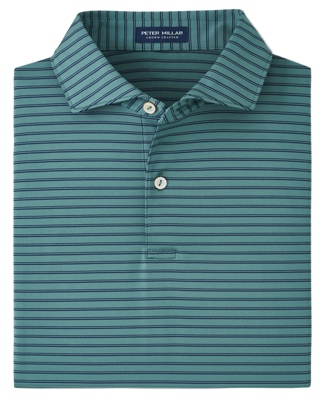 A folded teal Bridge Performance Jersey Polo by Peter Millar, featuring dark horizontal stripes, a collar with two white buttons, four-way stretch, and the "Peter Millar" label inside the collar.