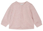 Serendipity Baby Girls’ Sweat Jacket in light pink organic cotton, featuring long sleeves and front snap buttons, displayed on a white background.