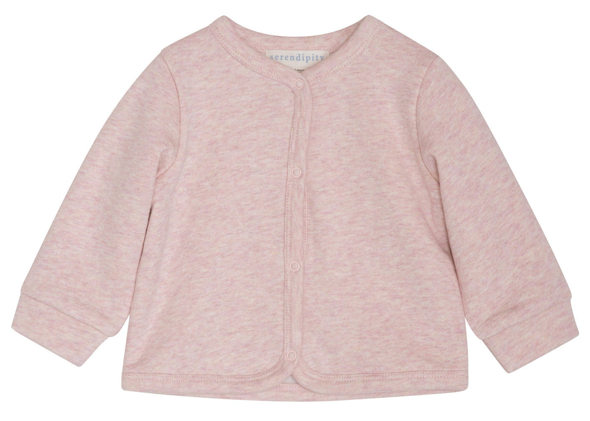 Serendipity Baby Girls’ Sweat Jacket in light pink organic cotton, featuring long sleeves and front snap buttons, displayed on a white background.