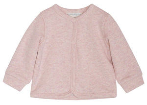 Serendipity Baby Girls’ Sweat Jacket in light pink organic cotton, featuring long sleeves and front snap buttons, displayed on a white background.