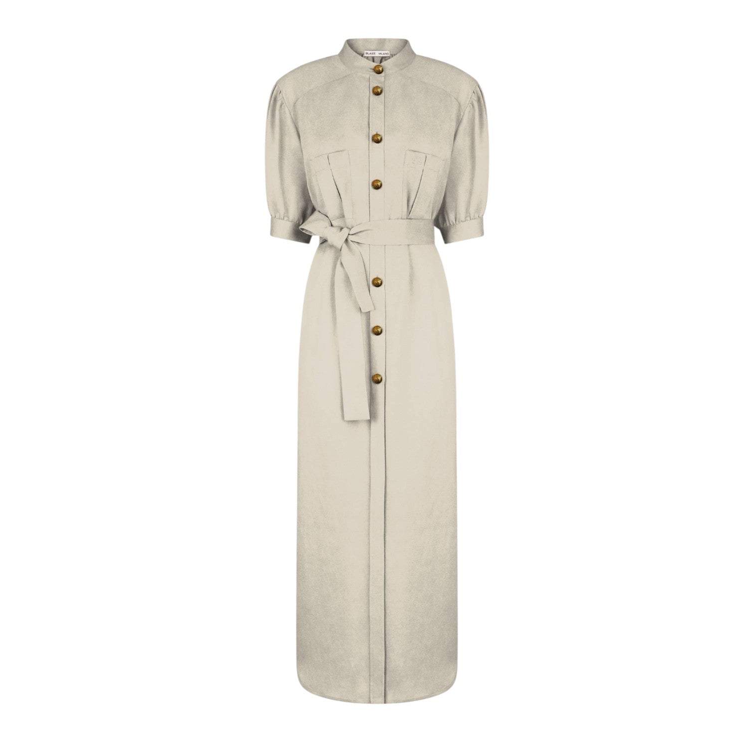 The Rox Star Berber Long Dress by Blaze Milano is a light beige, safari-inspired piece featuring short sleeves, front buttons, chest pockets, and a matching waist tie belt.