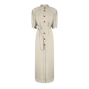 The Rox Star Berber Long Dress by Blaze Milano is a light beige, safari-inspired piece featuring short sleeves, front buttons, chest pockets, and a matching waist tie belt.