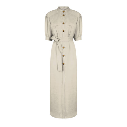 The Rox Star Berber Long Dress by Blaze Milano is a light beige, safari-inspired piece featuring short sleeves, front buttons, chest pockets, and a matching waist tie belt.